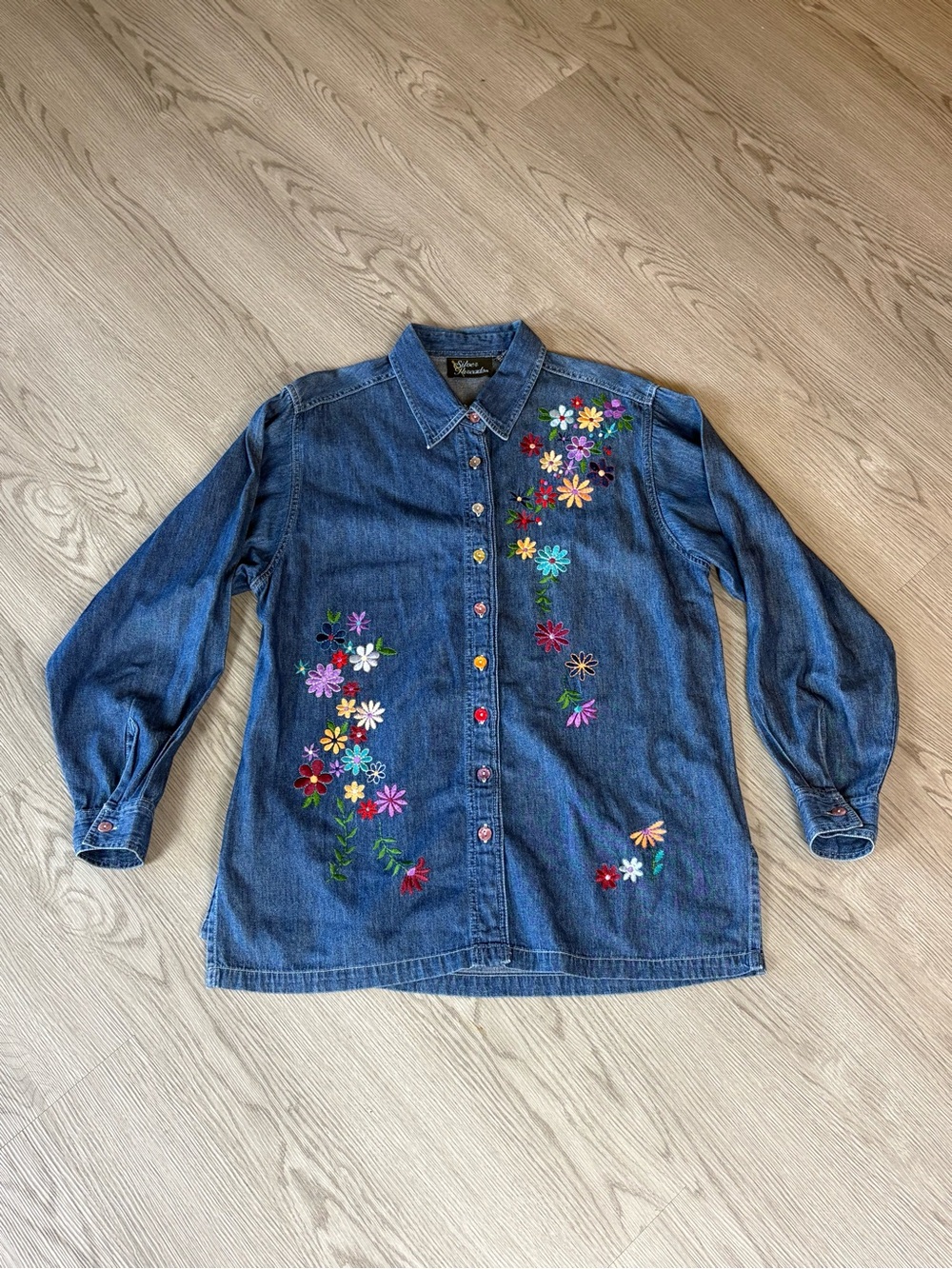 Embroidered Blue Denim Button-Down Shirt - Floral Detail